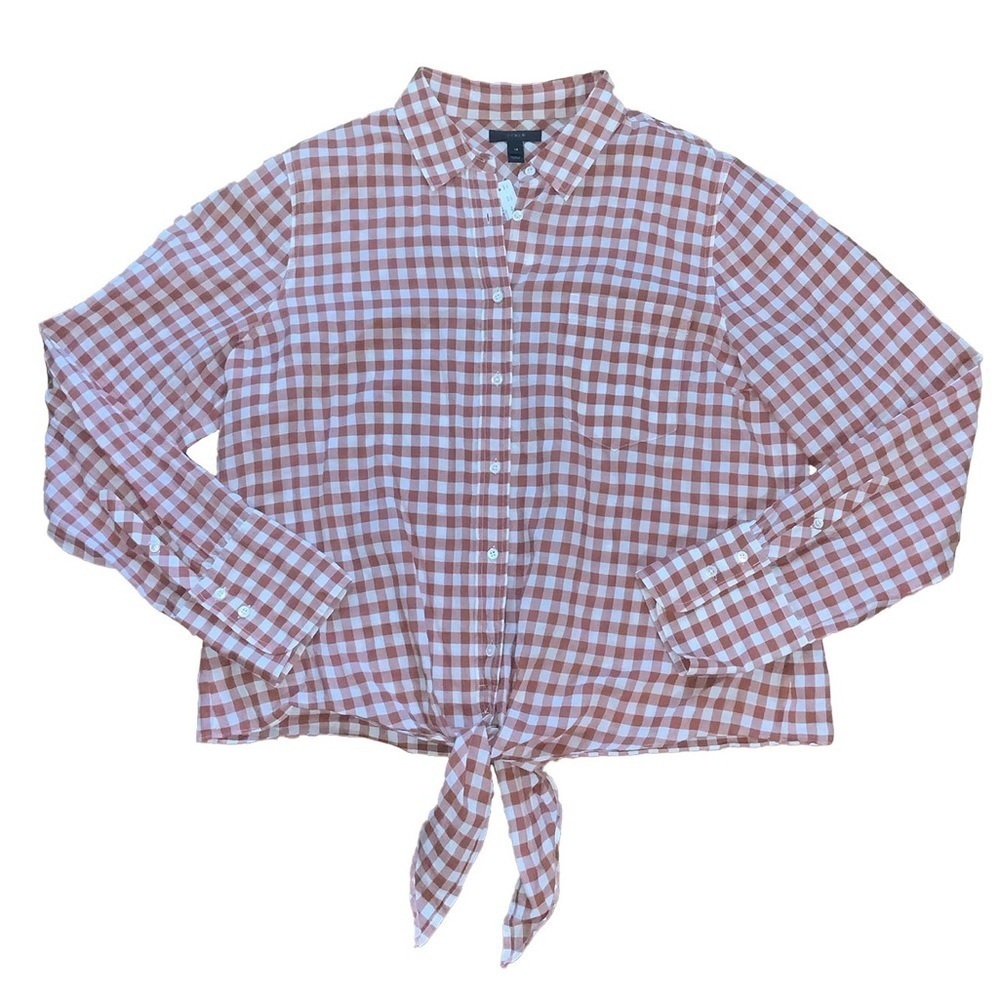 NWT J. Crew Rust and White Gingham Front Tie Button Up Top
